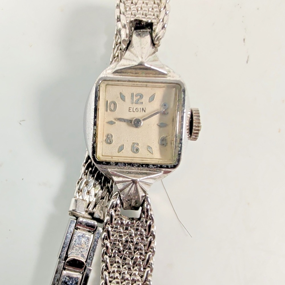 Vintage Elgin Womens Mechanical Hand Wind Watch Silver Tone Gemex Band